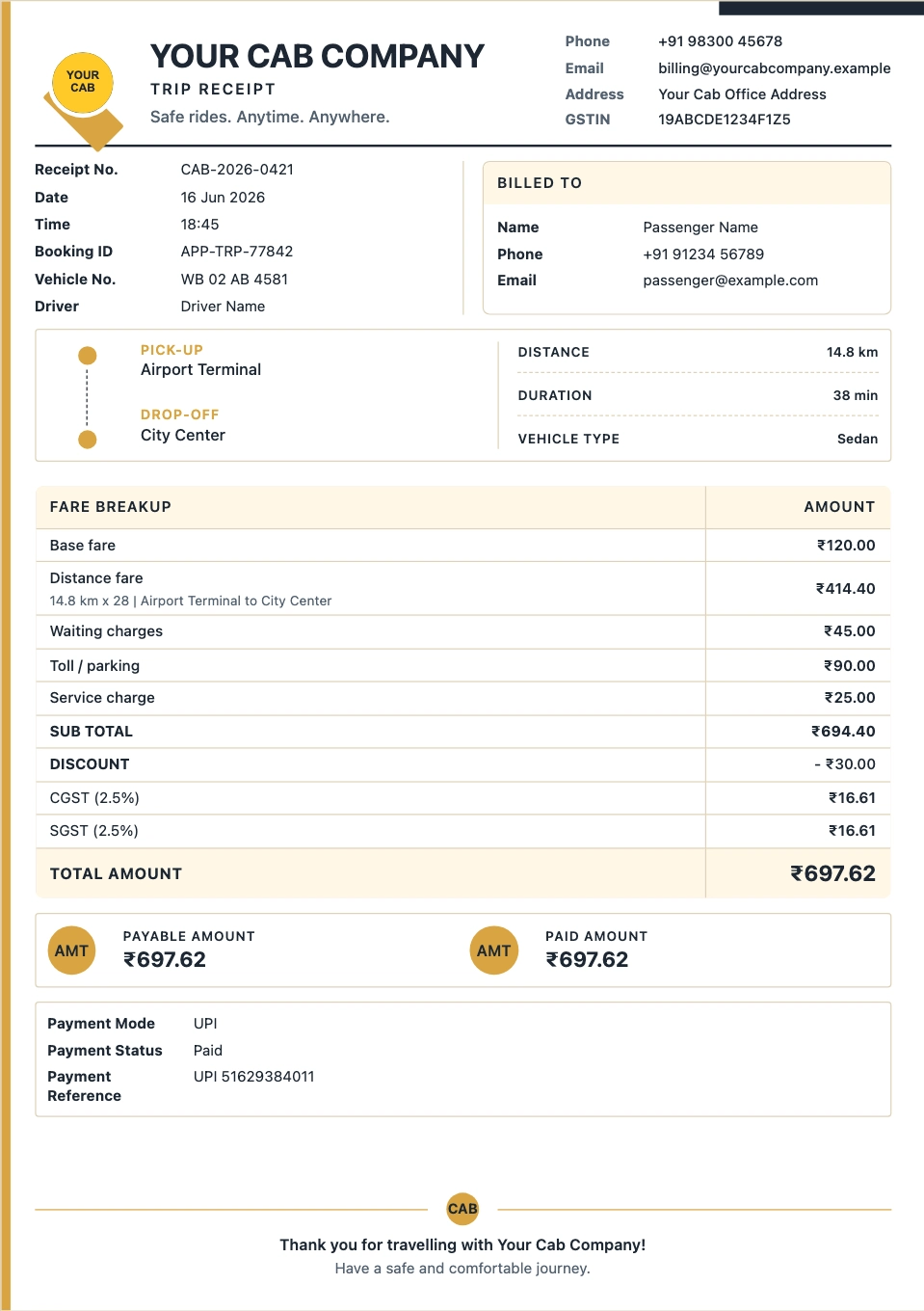 Cab Bill Format template preview