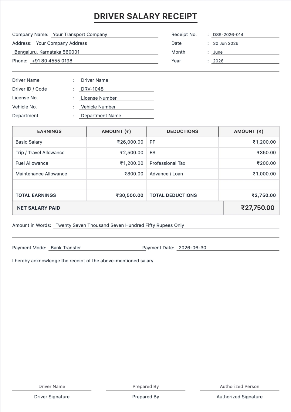 Driver Salary Receipt template preview