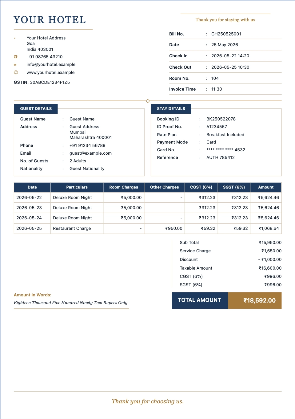 Resort Hotel Bill template preview