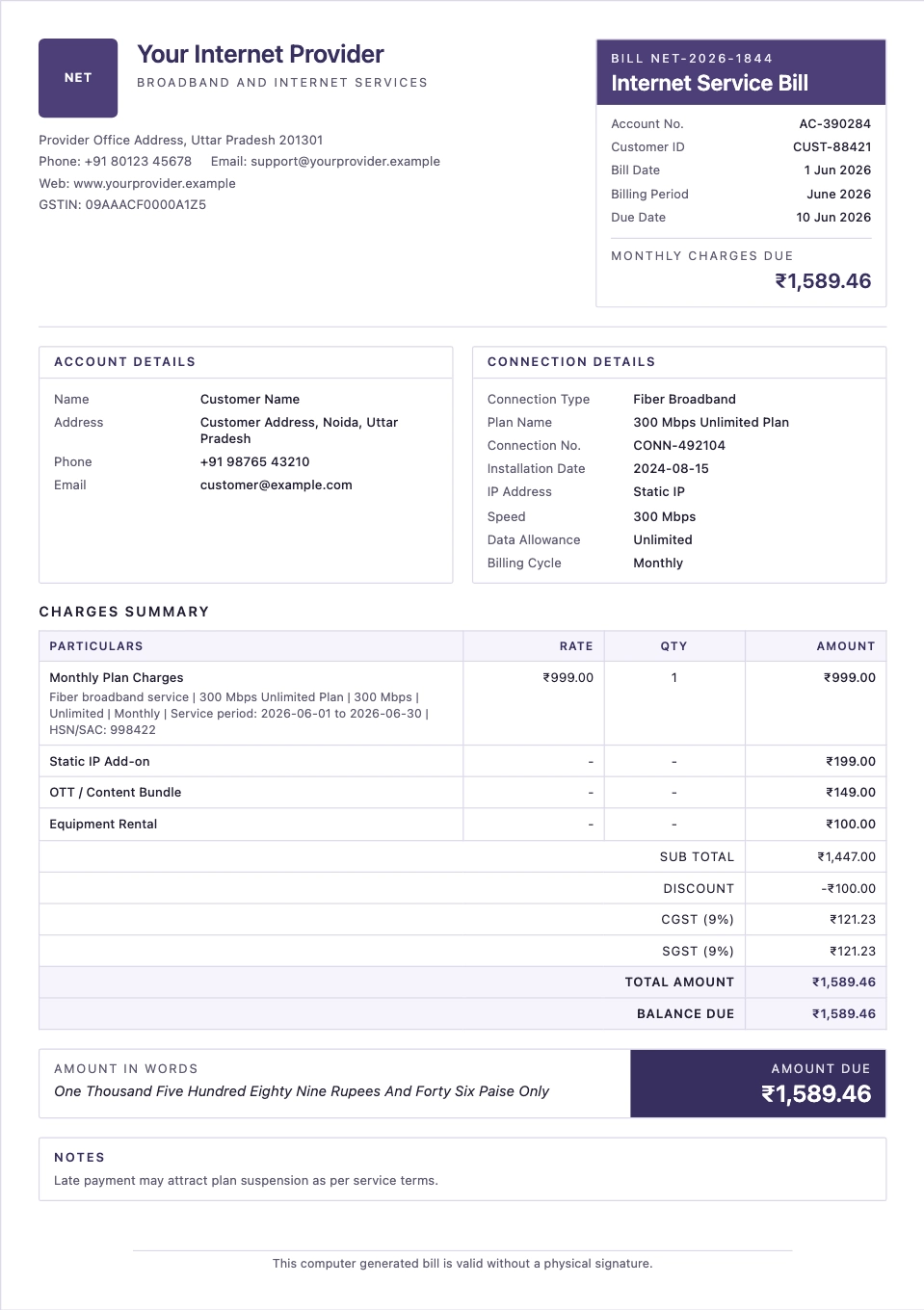 Internet Service Bill template preview