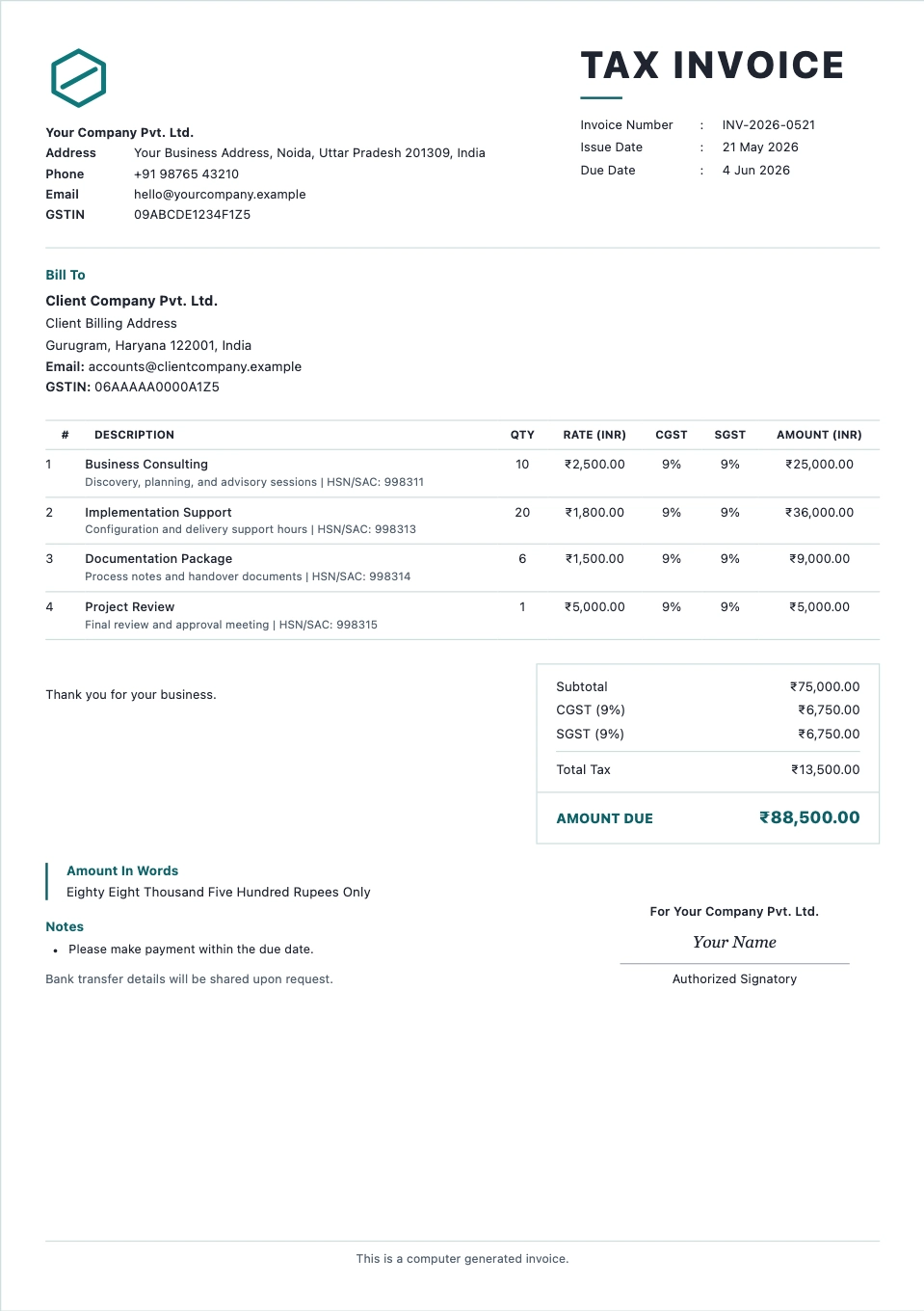 Service Invoice template preview