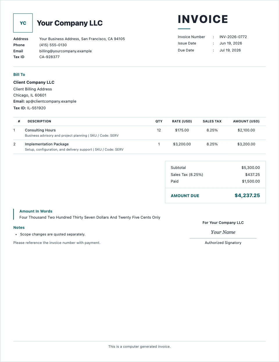 Service invoice format preview with US sales tax and USD totals