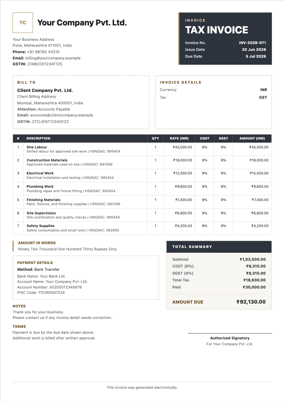 Contractor invoice format preview with item rows, tax, totals, and payment details