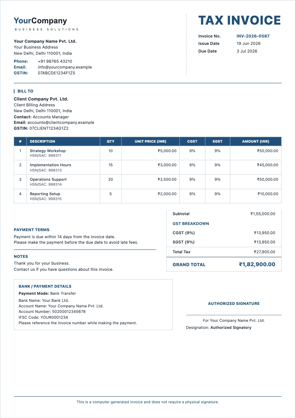 Small business invoice format preview with brand header and tax columns
