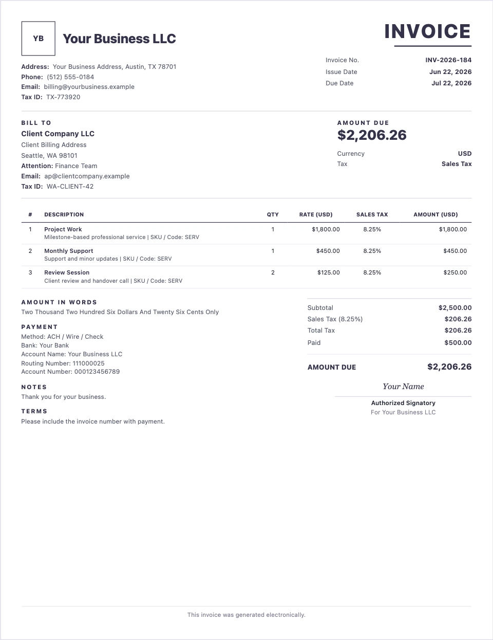 Freelance invoice format preview with US sales tax and USD totals