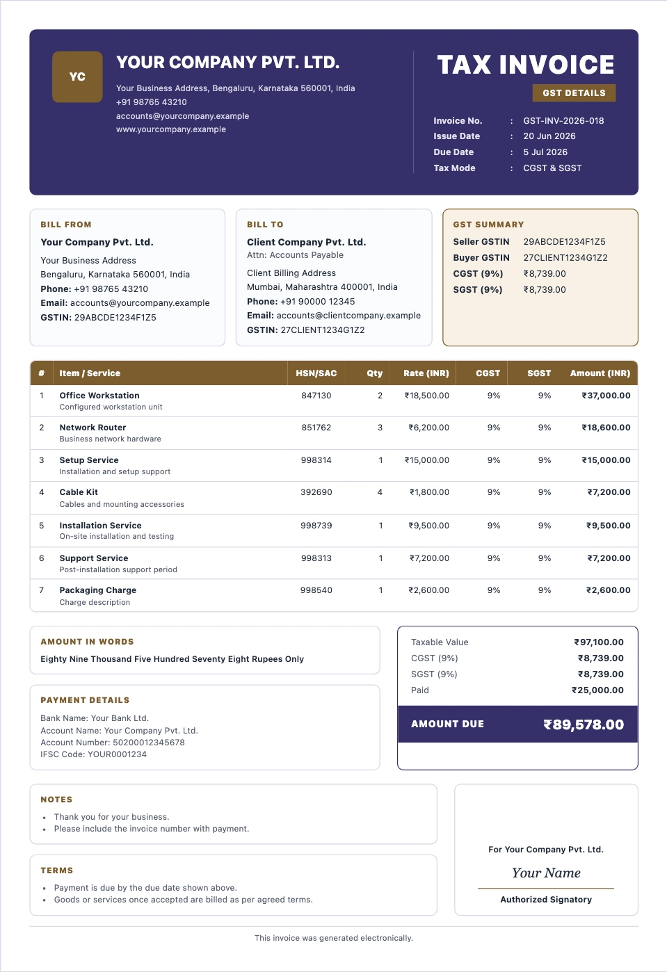 GST invoice format preview with tax identifier panels and itemized tax totals