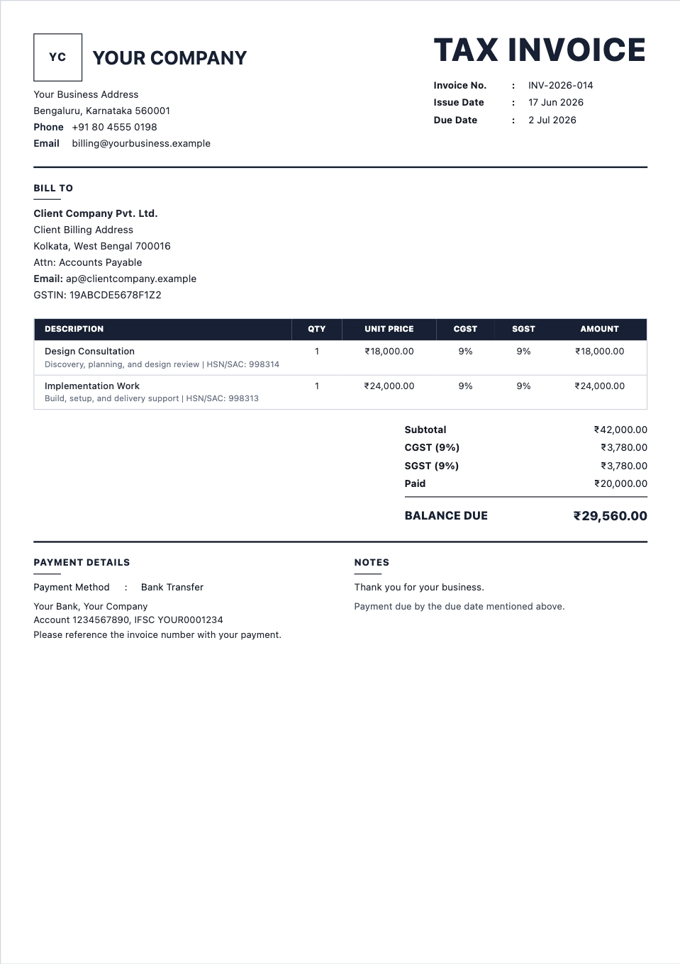 Tax invoice format preview with item rows and totals