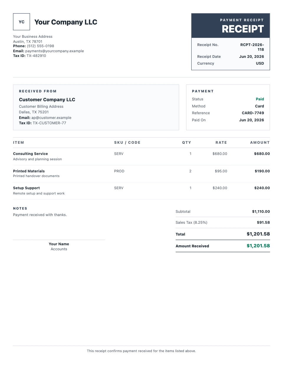 Receipt Formats preview