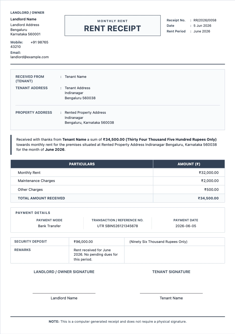 Rent Receipt Formats preview
