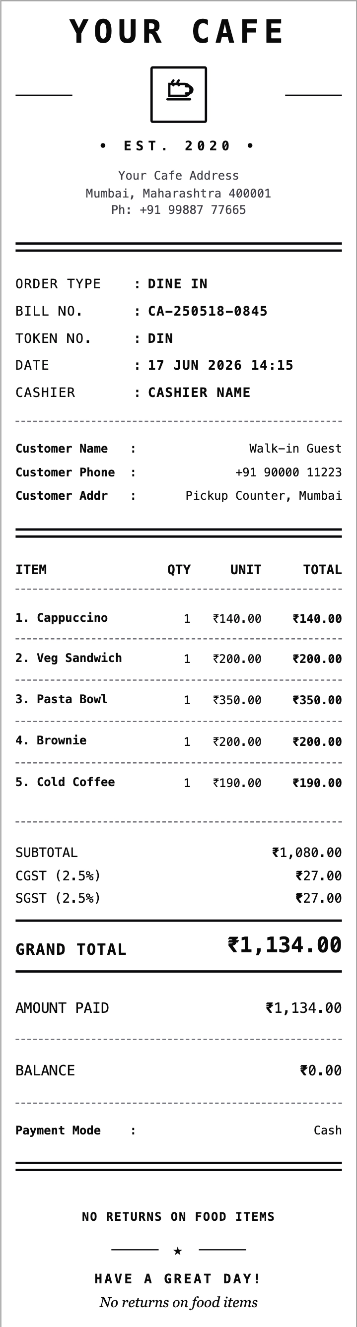 Cafe receipt format preview