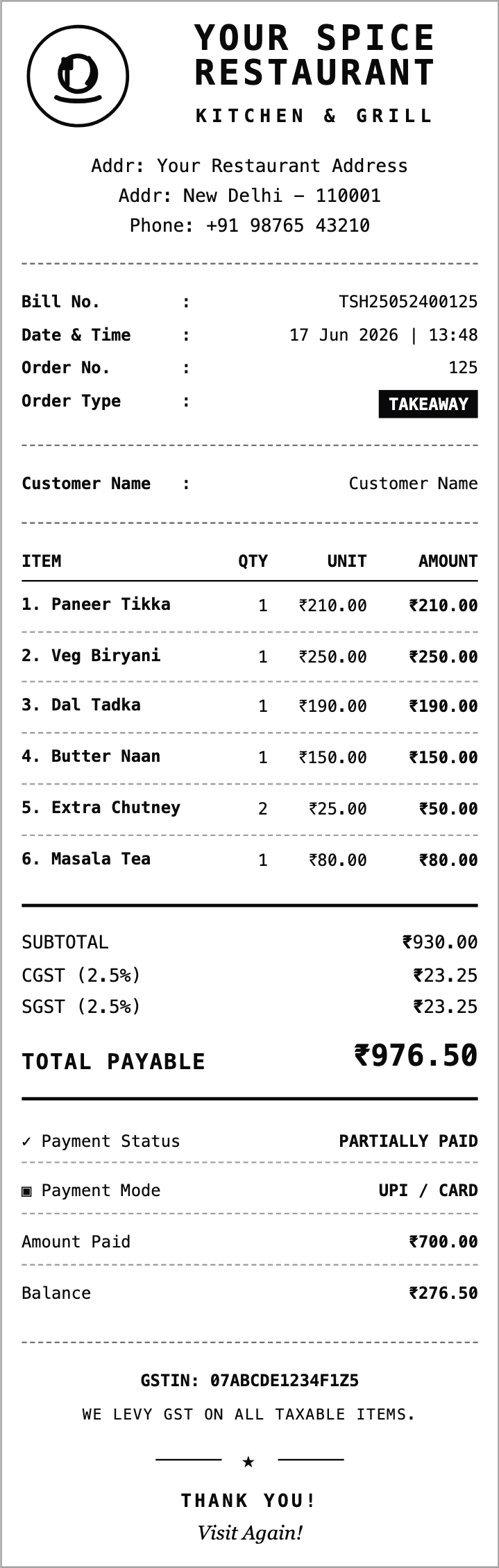 Restaurant takeaway receipt format preview