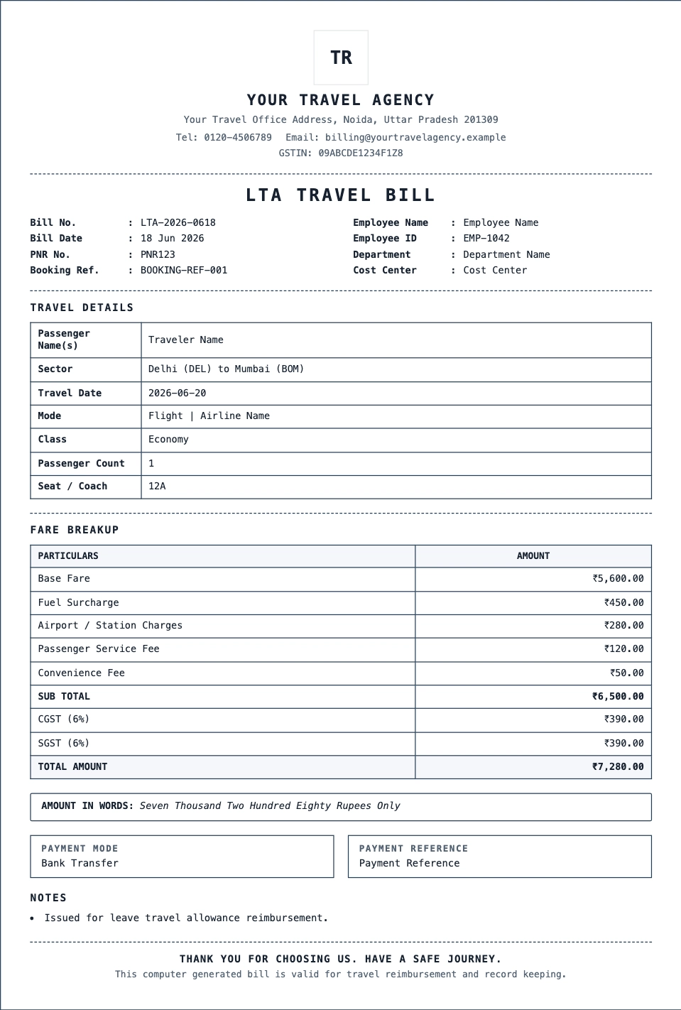 Travel Bill Format template preview